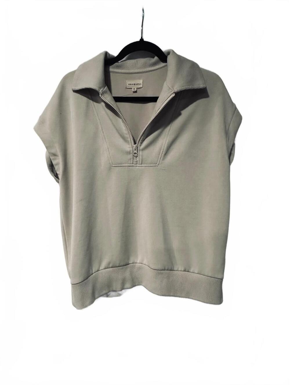 Thread and Supply beige short sleeve half zip top